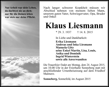 Traueranzeige von Klaus Liesmann von Südthüringer Presse