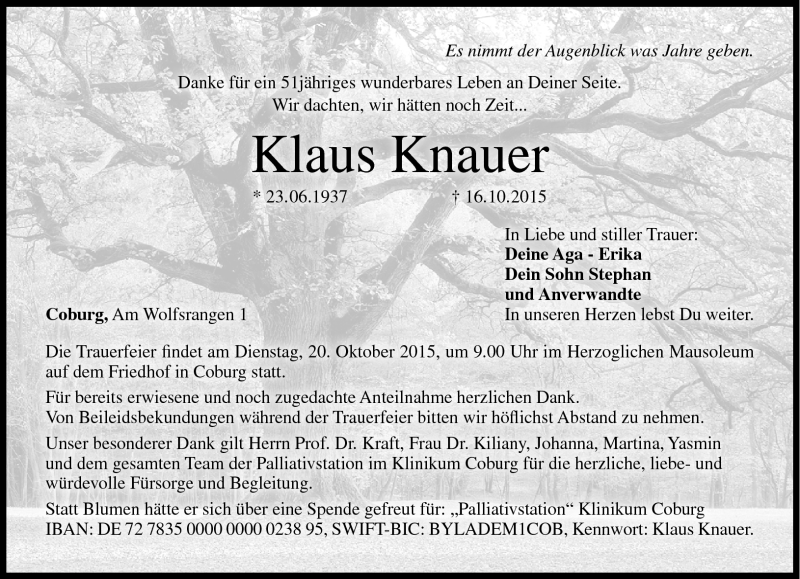 Traueranzeige für Klaus Knauer vom 17.10.2015 aus Neue Presse Coburg