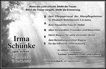 Traueranzeige von Irma Schünke von Südthüringer Presse