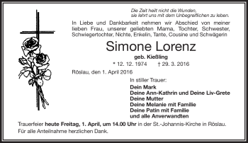 Traueranzeige von Simone Lorenz von Frankenpost