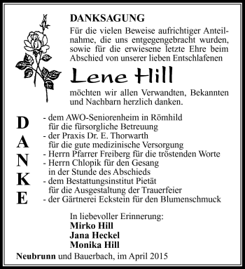 Traueranzeige von Lene Hill von Südthüringer Presse