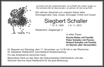 Traueranzeige von Siegbert Schaller von Frankenpost