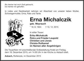 Traueranzeige von Erna Michalczik von Südthüringer Presse