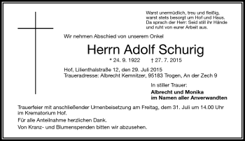 Traueranzeige von Adolf Schurig von Frankenpost