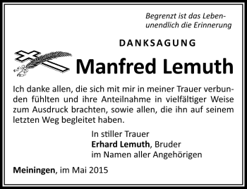 Traueranzeige von Manfred Lemuth von Südthüringer Presse