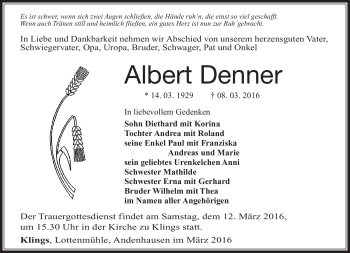 Traueranzeige von Albert Denner von Südthüringer Presse