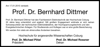 Traueranzeige von Prof. Dr. Bernhard Dittmer von Neue Presse Coburg