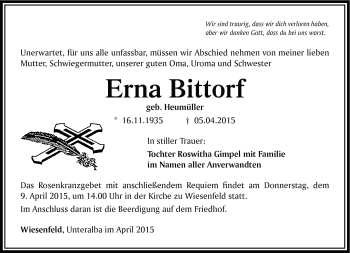 Traueranzeige von Erna Bittorf von Südthüringer Presse