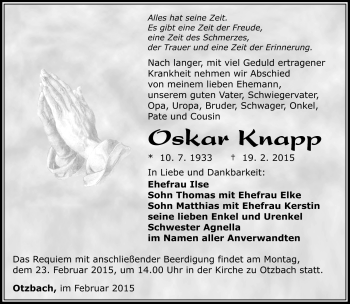 Traueranzeige von Oskar Knapp von Südthüringer Presse