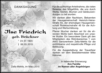 Traueranzeige von Ilse Friedrich von Südthüringer Presse