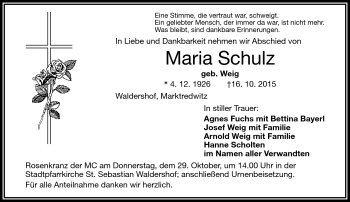 Traueranzeige von Maria Schulz von Frankenpost