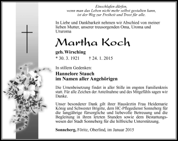 Traueranzeige von Martha Koch von Südthüringer Presse