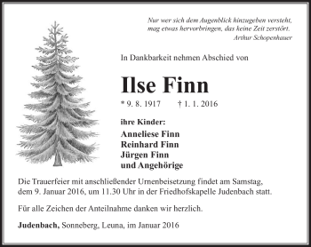 Traueranzeige von Ilse Finn von Südthüringer Presse