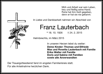 Traueranzeige von Franz Lauterbach von Frankenpost