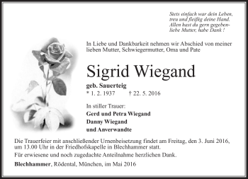 Traueranzeige von Siegrid Wiegand von Südthüringer Presse