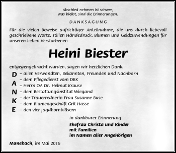 Traueranzeige von Heini Biester von Südthüringer Presse