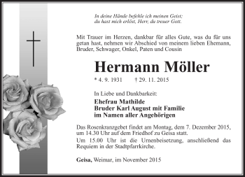 Traueranzeige von Hermann Möller von Südthüringer Presse