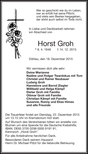 Traueranzeige von Horst Groh von Frankenpost
