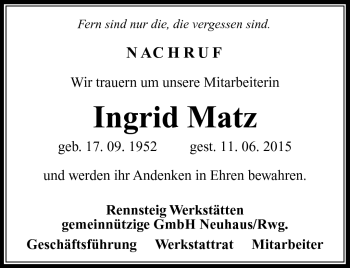 Traueranzeige von Ingrid Matz von Südthüringer Presse