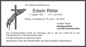 Traueranzeige von Edwin Ritter von Frankenpost