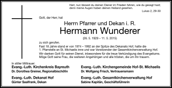 Traueranzeige von Hermann Wunderer von Frankenpost