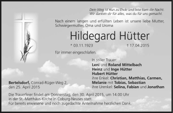 Traueranzeige von Hildegard Hütter von Neue Presse Coburg