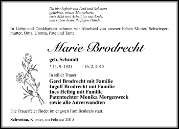 Traueranzeige von Marie Brodrecht von Südthüringer Presse