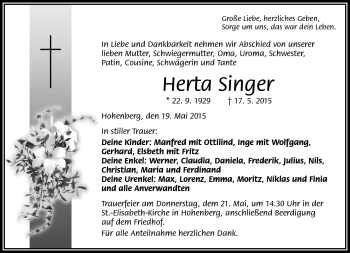 Traueranzeige von Herta Singer von Frankenpost