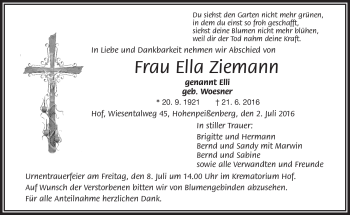 Traueranzeige von Ella Ziemann von Frankenpost