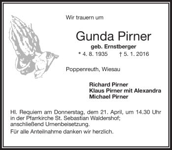 Traueranzeige von Gunda Pirner von Frankenpost