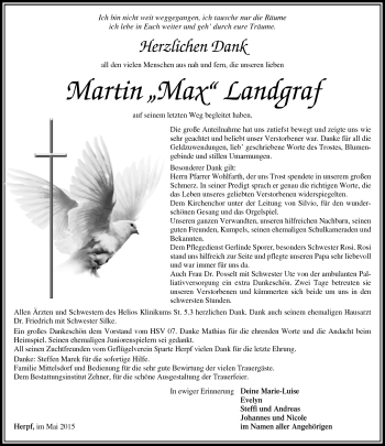 Traueranzeige von Martin Landgraf von Südthüringer Presse