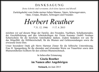 Traueranzeige von Herbert Reuther von Südthüringer Presse