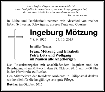 Traueranzeige von Ingeburg Mötzung von Südthüringer Presse