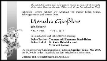 Traueranzeige von Ursula Gießler von Südthüringer Presse