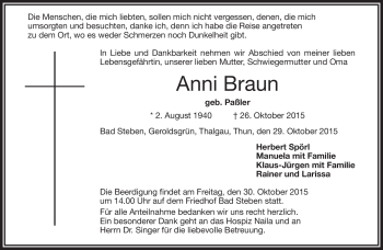 Traueranzeige von Anni Braun von Frankenpost