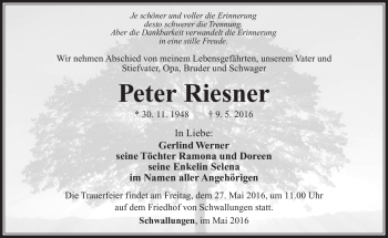 Traueranzeige von Peter Riesner von Südthüringer Presse