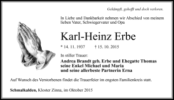 Traueranzeige von Karl-Heinz Erbe von Südthüringer Presse