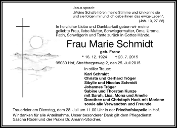 Traueranzeige von Marie Schmidt von Frankenpost