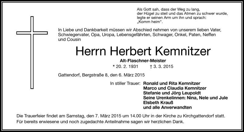  Traueranzeige für Herbert Kemnitzer vom 06.03.2015 aus Frankenpost