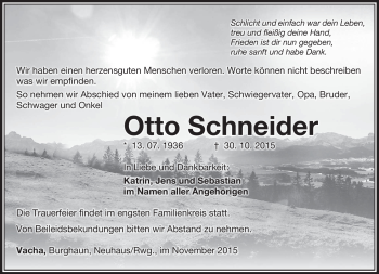Traueranzeige von Otto Schneider von Südthüringer Presse