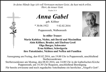 Traueranzeige von Anna Gabel von Frankenpost
