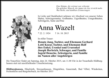 Traueranzeige von Anna Wazelt von Südthüringer Presse