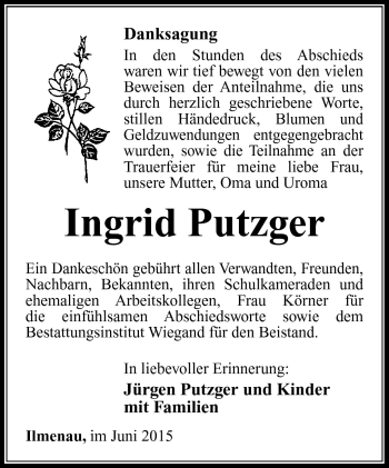 Traueranzeige von ingrid pUTZGER von Südthüringer Presse
