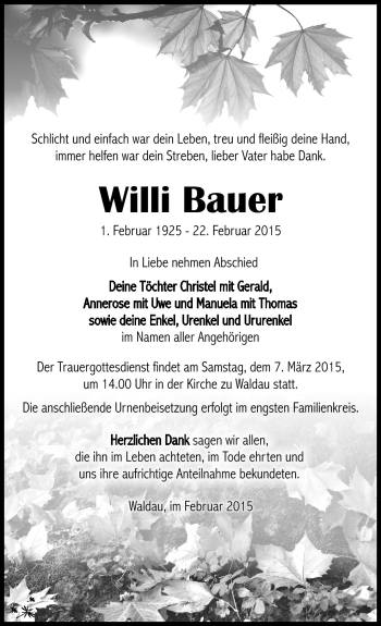 Traueranzeige von Willi Bauer von Südthüringer Presse