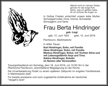Traueranzeige von Berta Hindringer von Frankenpost