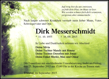 Traueranzeige von Dirk Messerschmidt von Südthüringer Presse