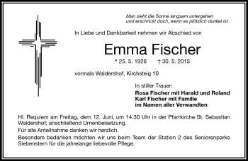 Traueranzeige von Emma Fischer von Frankenpost