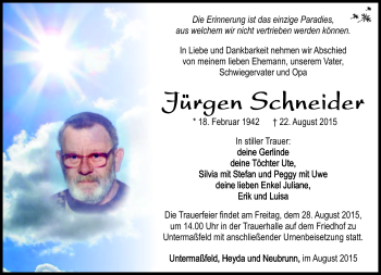 Traueranzeige von Jürgen Schneider von Südthüringer Presse