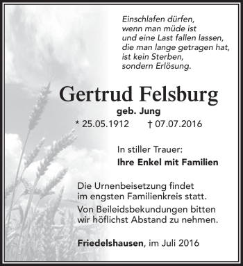 Traueranzeige von Gertrud Felsburg von Südthüringer Presse