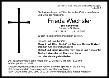Traueranzeige von Frieda Wechsler von Frankenpost
